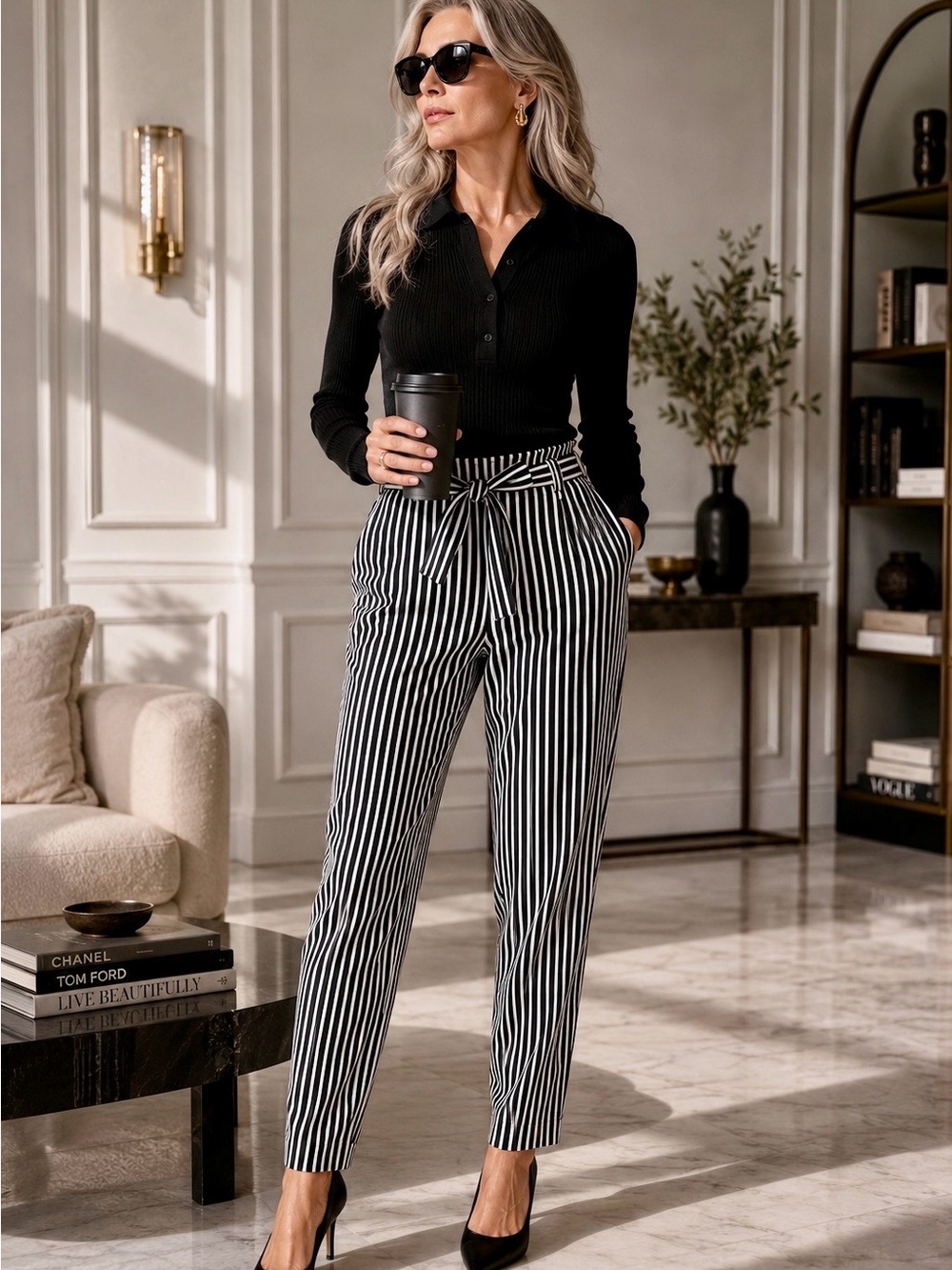 ✨ PINX Black & White Striped Tie Waist Pants | Chic Tapered Leg | Bundle & Save